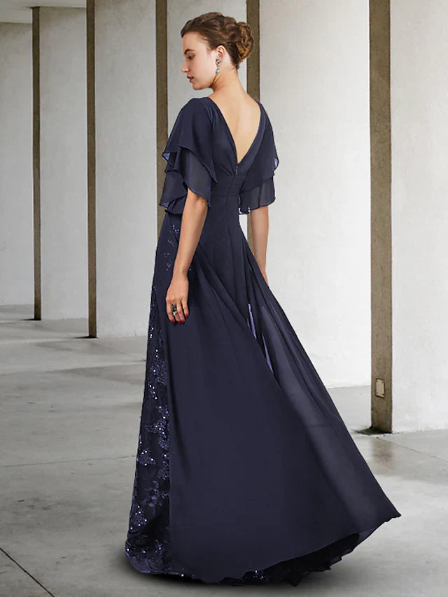 Wholesale Mother of the Bride Dress Elegant V Neck Floor Length Lace Sequined Short Sleeve with Appliques